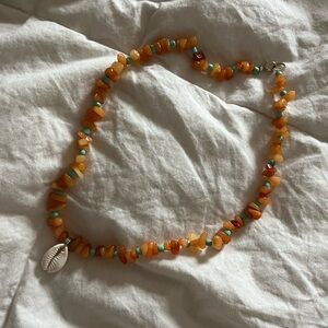 Amber and Turquoise Beaded Necklace with Shell Pendant